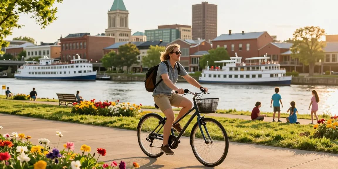 Discover travel ideas from Evansville, Indiana, with a traveler biking along the scenic riverfront in golden hour light.