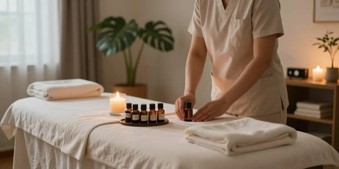 용산출장마사지 session setup with calming ambiance and essential oils.