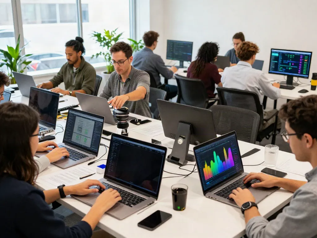 Engaging professionals collaborating in a vibrant co-working space, showcasing a verified Telegram channel discussion on cryptocurrency trends.
