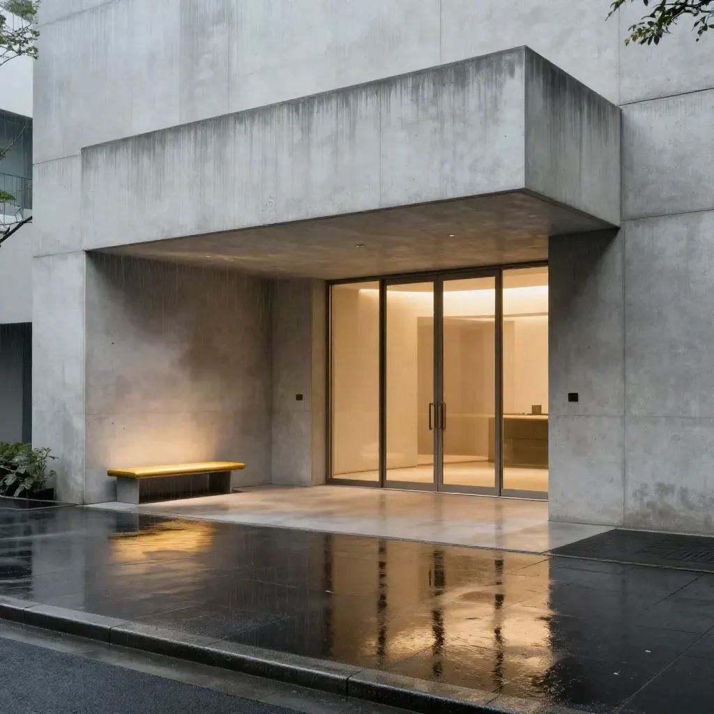 Rainy Tokyo museum entrance courtyard with glowing bench and wet reflections