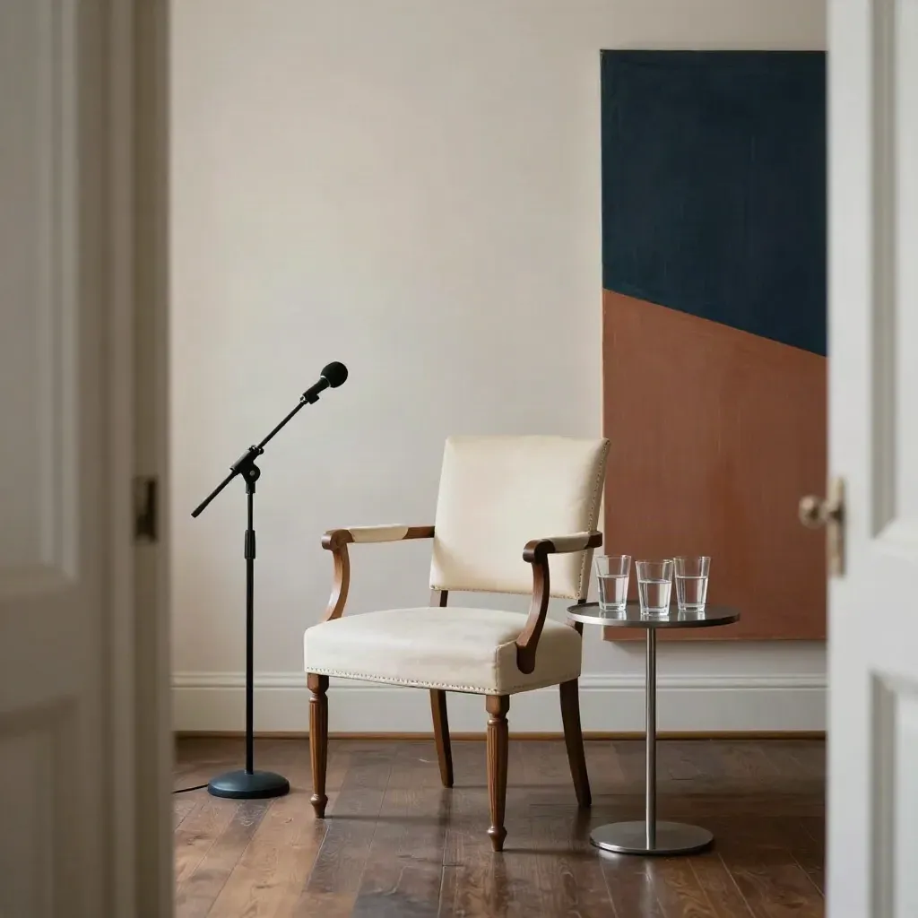 Empty talk venue with chair, microphone, canvas backdrop, and water glasses.
