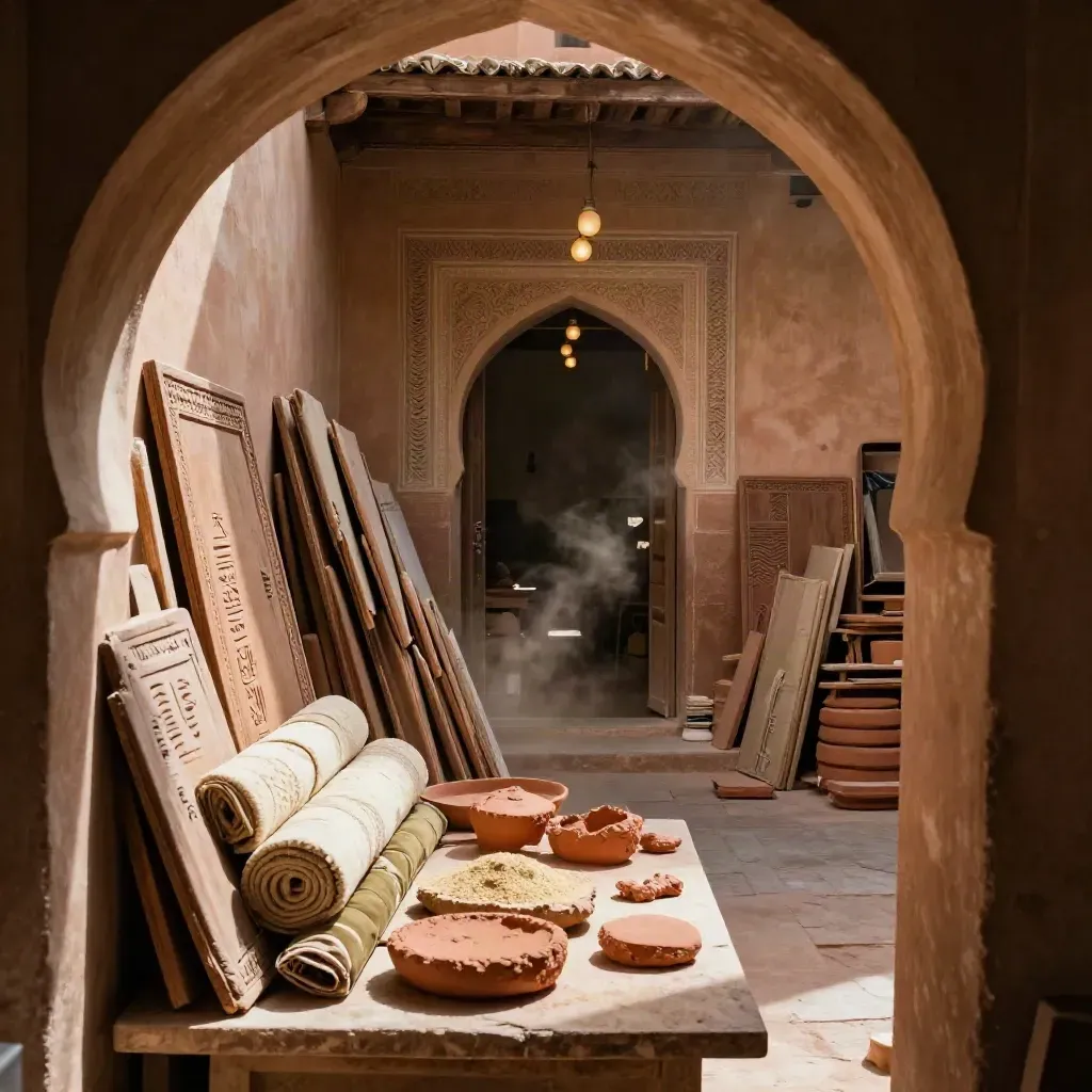 Macro of carved wood, rolled textiles and clay samples in a Marrakech craft courtyard
