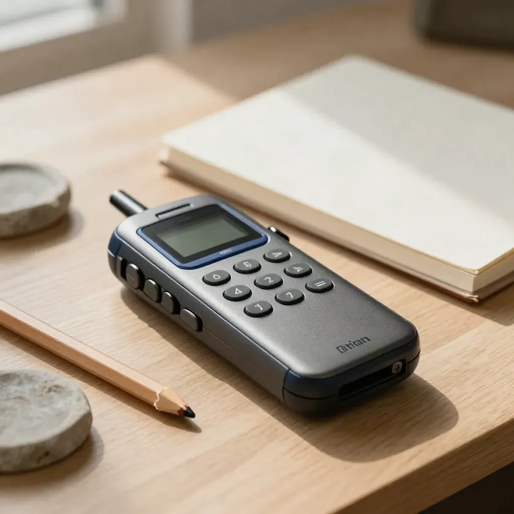 Field recorder with notebook and pencil on a pale oak desk beside a stone dish.